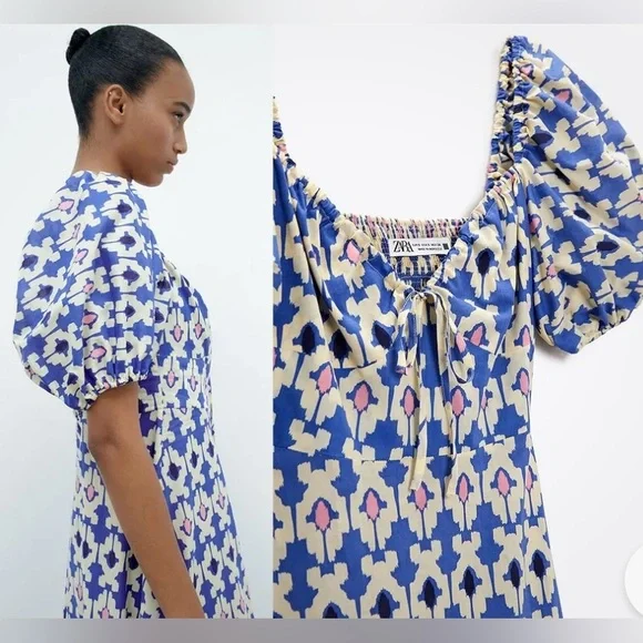 Zara Moroccan tile printed blue dress with balloon sleeves -XL - Picture 3 of 7